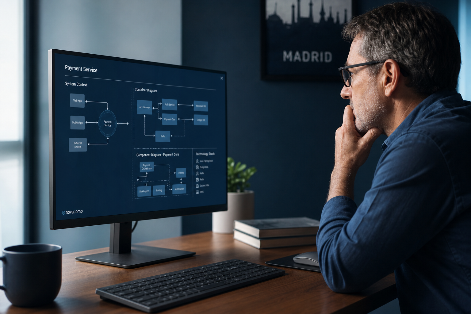 Senior engineer reviewing system architecture on screen