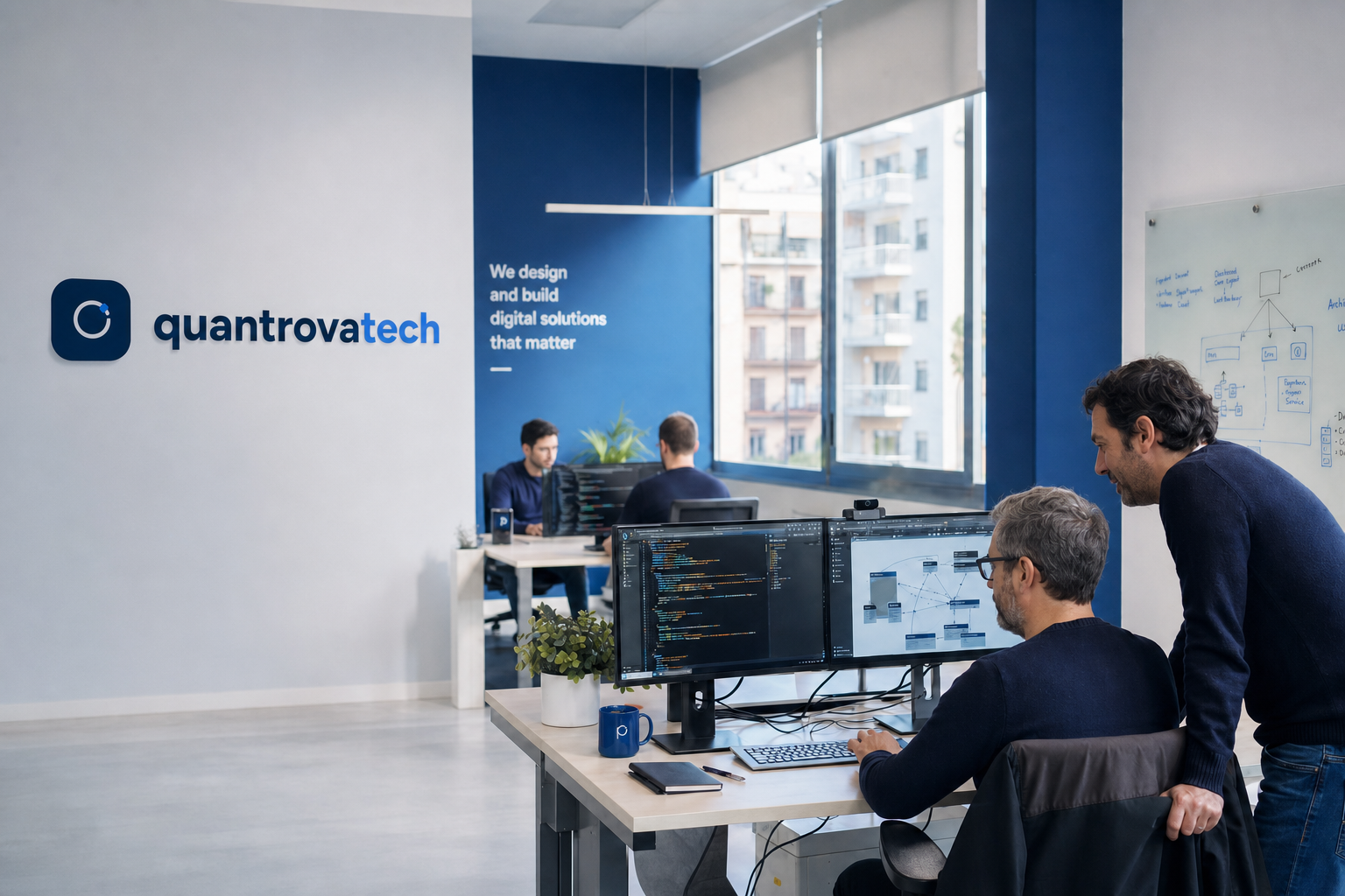 Quantrova Tech engineers collaborating in the Madrid studio